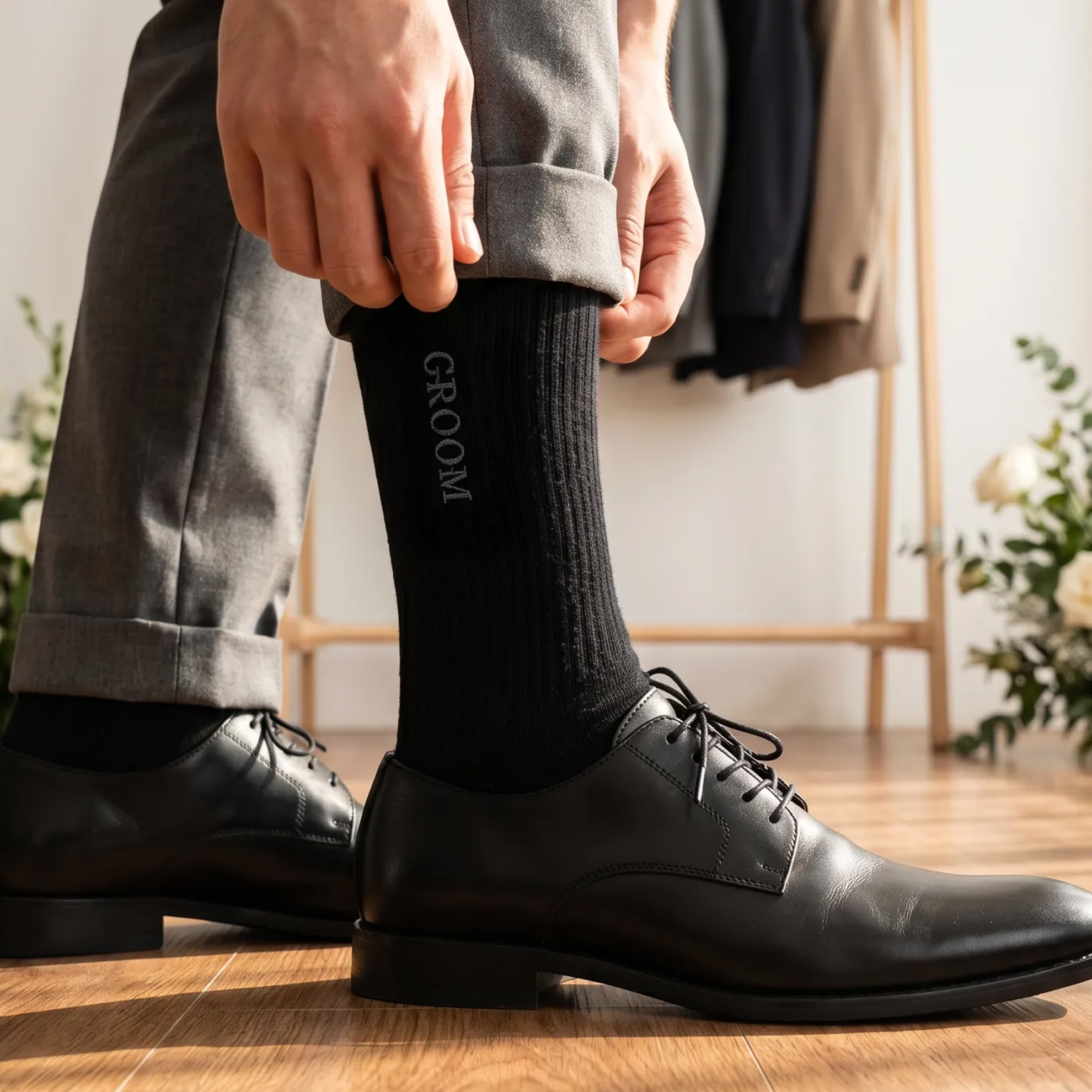 Men'S Grooming Day - Groom Embroidered Classic Black Socks, Formal